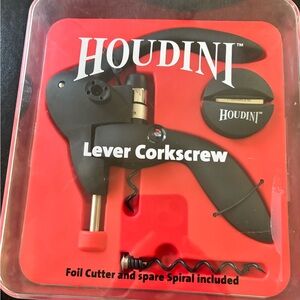 NIB Houdini Lever Corkscrew Wine Bottle Opener Set, Foil Cutter,Extra Corkscrew
